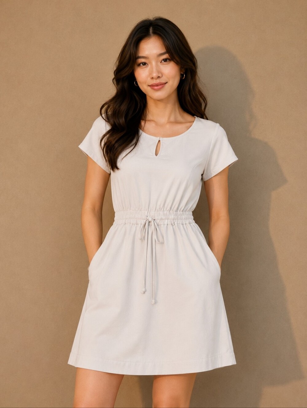 Women's Cream Drawstring Waist Scoop Neck Mini Dress Size M